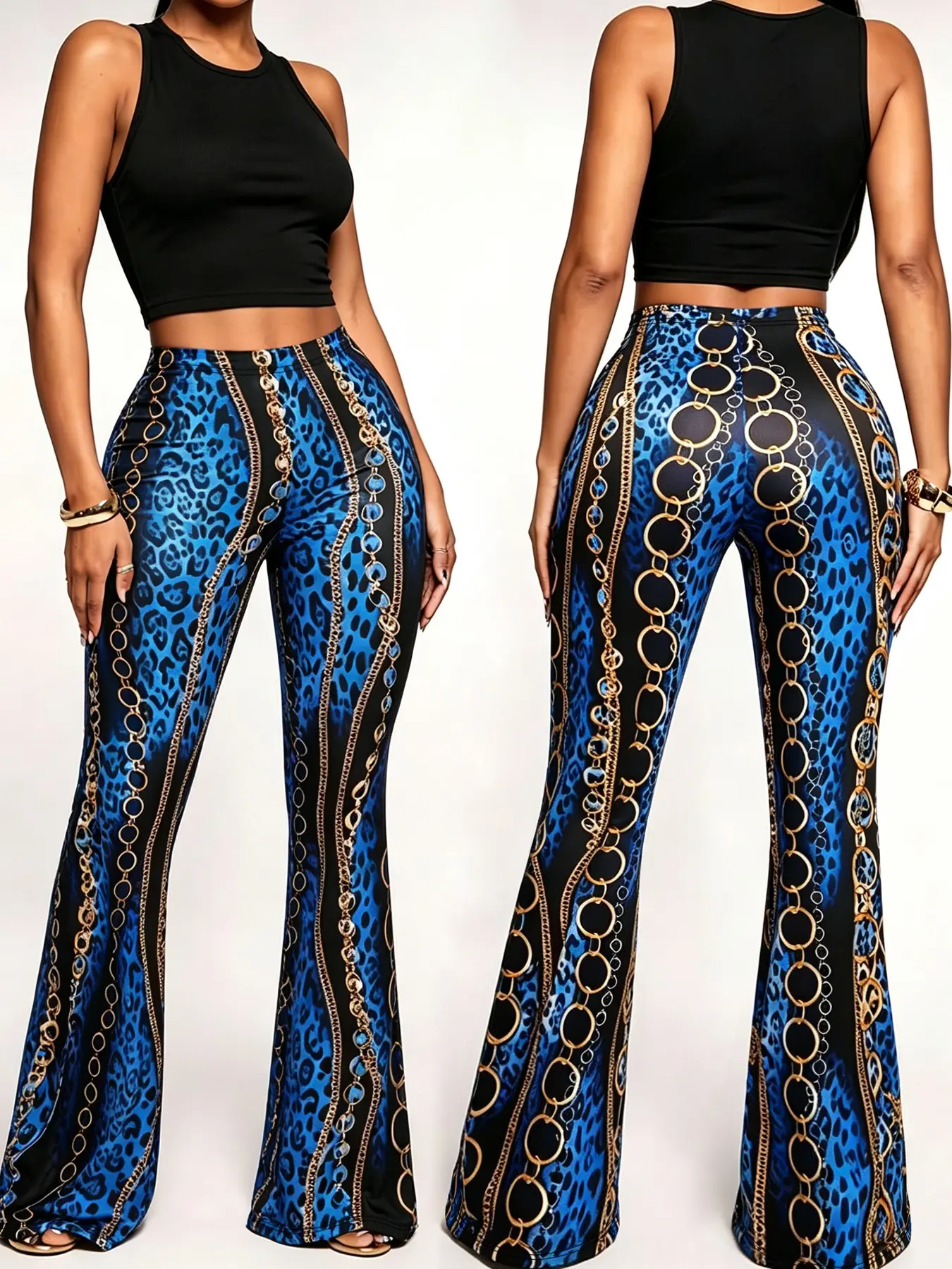 Women's All Over Pattern Print Flare-Leg Pants, Casual Slim-fitting Bell Bottoms for Daily Wear, Fashionable All-Season Trousers