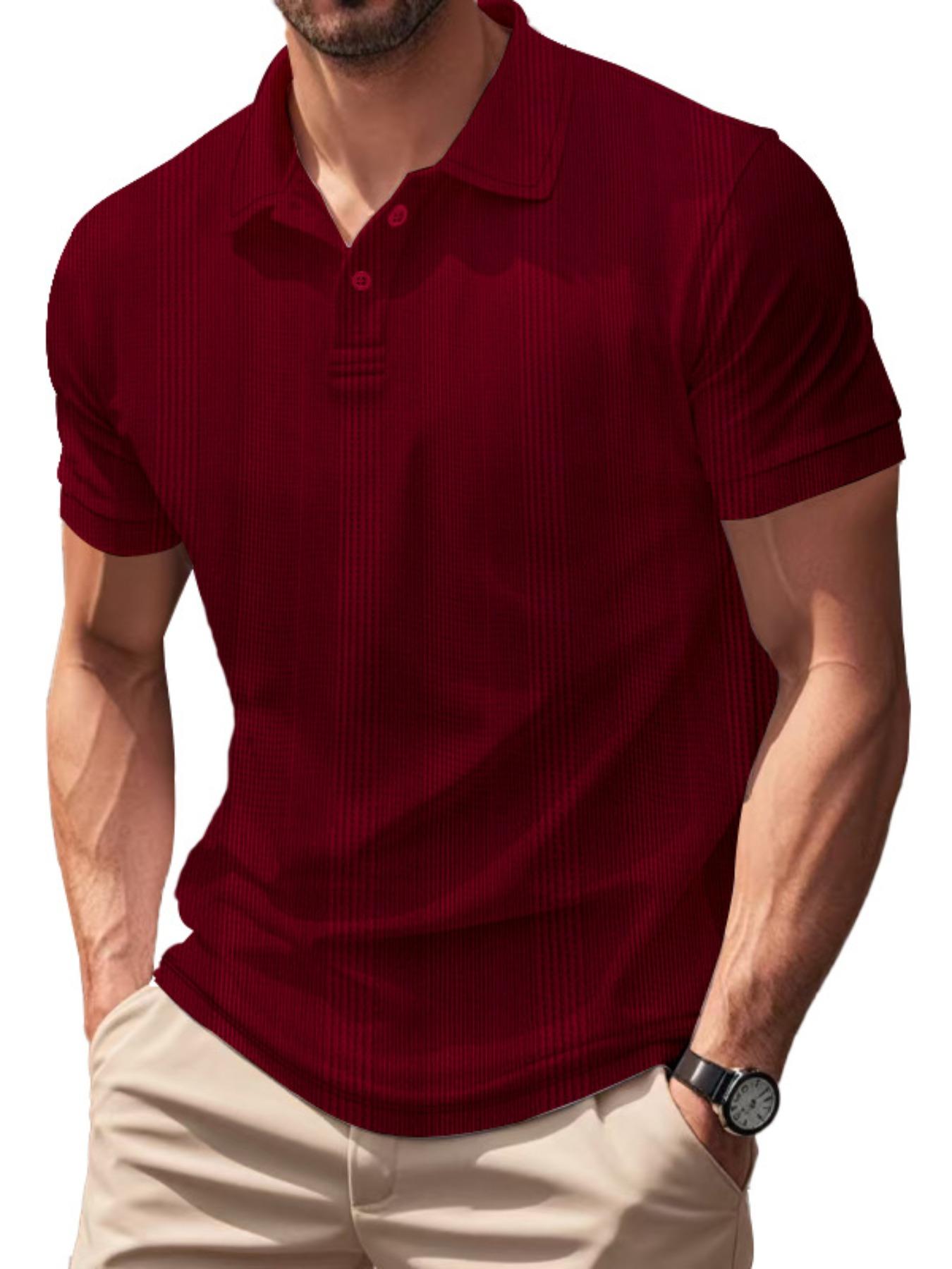 Men's Regular Fit Plain Jacquard Waffle Knit Polo Shirt, Casual Short Sleeve Collared Top for Summer, Fashion Men's Clothes for Daily Wear, Tropical