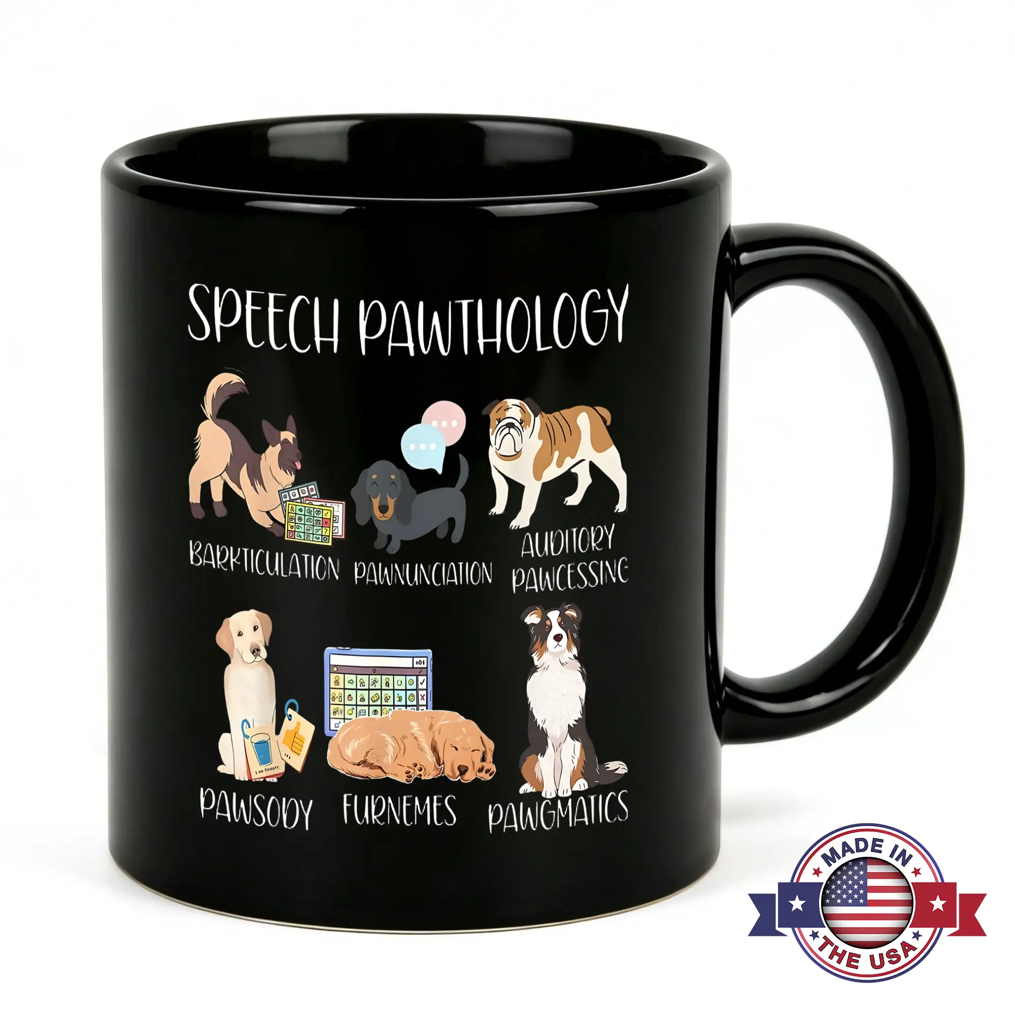 11oz Black Ceramic Speech Pathology Coffee Mug - Heat Resistant Modern Single Mug, Funny Dog Pawthology Barkticulation Pun Cup, SLP Appreciation Gift Ideas for Speech Therapists, Office Desk Decor