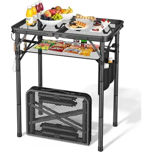 Outdoor folding barbecue table, adjustable small camping table, with mesh bag, metal aluminum folding table, 23.62 x 15.75inch, portable barbecue rack, suitable for picnics, camping, barbecues, and the beach