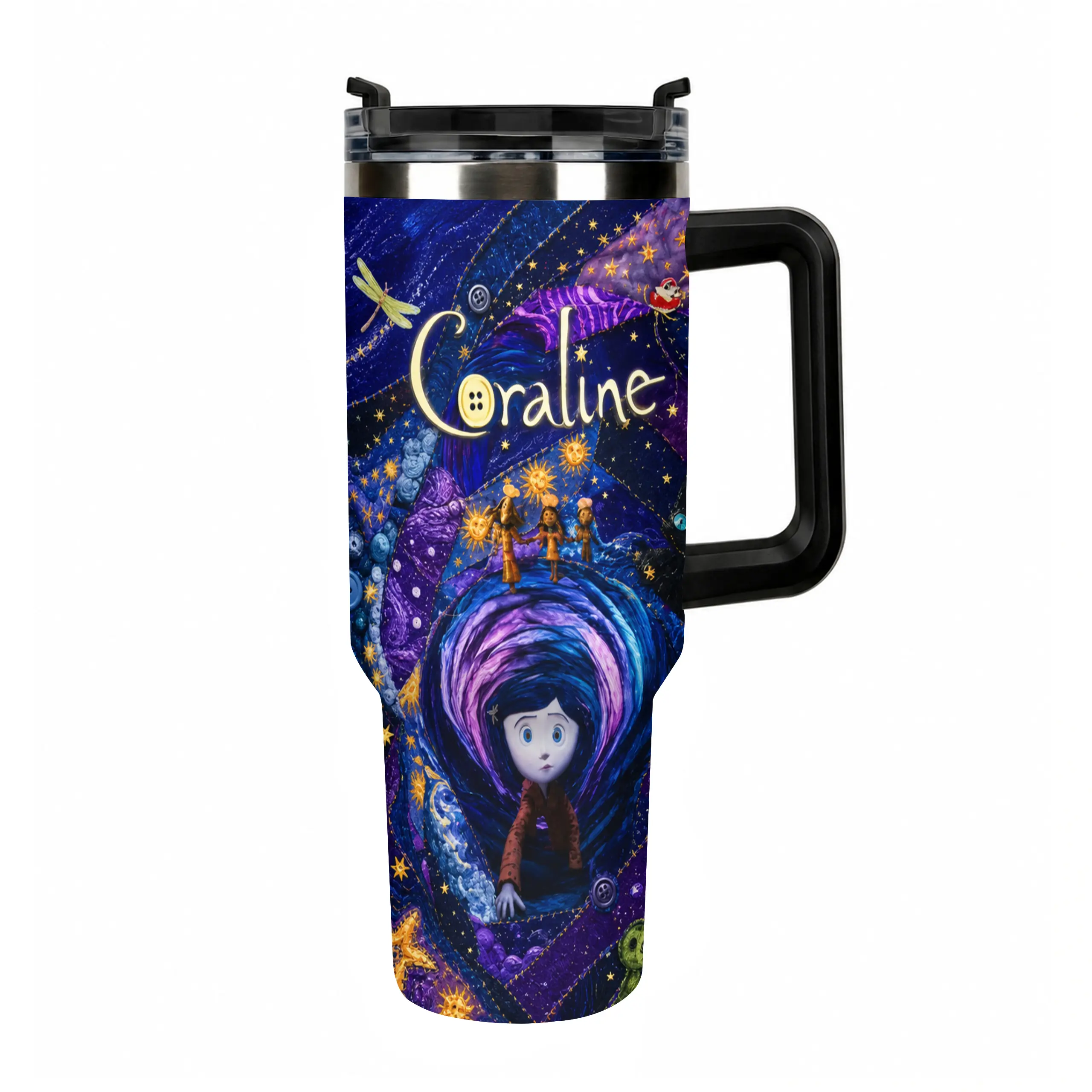 Coraline Halloween 40oz Tumbler, Spooky Movie Insulated Cup with Handle, Gothic Aesthetic Gift, Halloween Present for Her