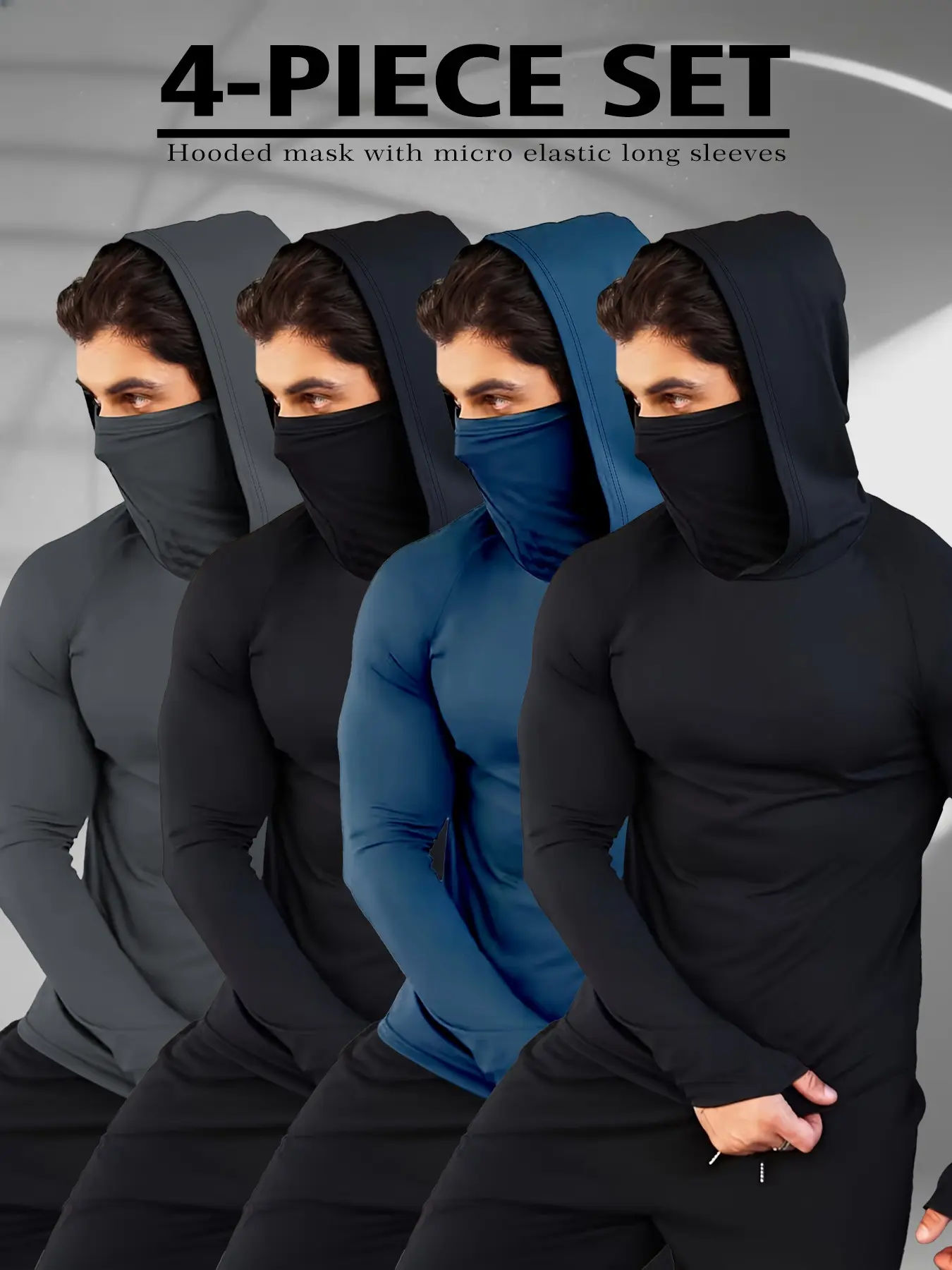 Men's 4 Pack Long Sleeve Hooded Shirts, Integrated Face Mask Micro Elastic Compression, Ninja Style Gym Workout Training Athletic Tops for Men