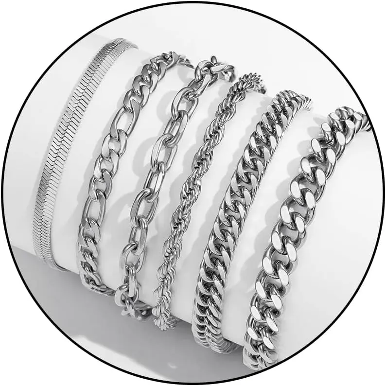 6 count Chain Bracelet for Men, Stainless Steel Cuban Curb Link Rope Paperclip Figaro Herringbone Chain Bracelets Set  Gifts for Man Woman Boys 7.5/8.3/9 Inches