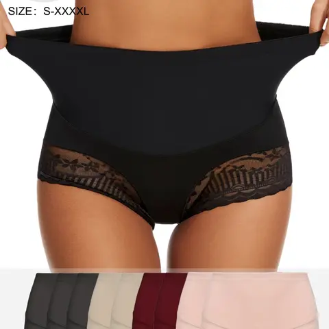Women's High Waist Lace Breathable Panty Underwear, Solid Color Sexy & Elegant Briefs For Daily Wear All Season, Multiple Sizes S-XXXXL