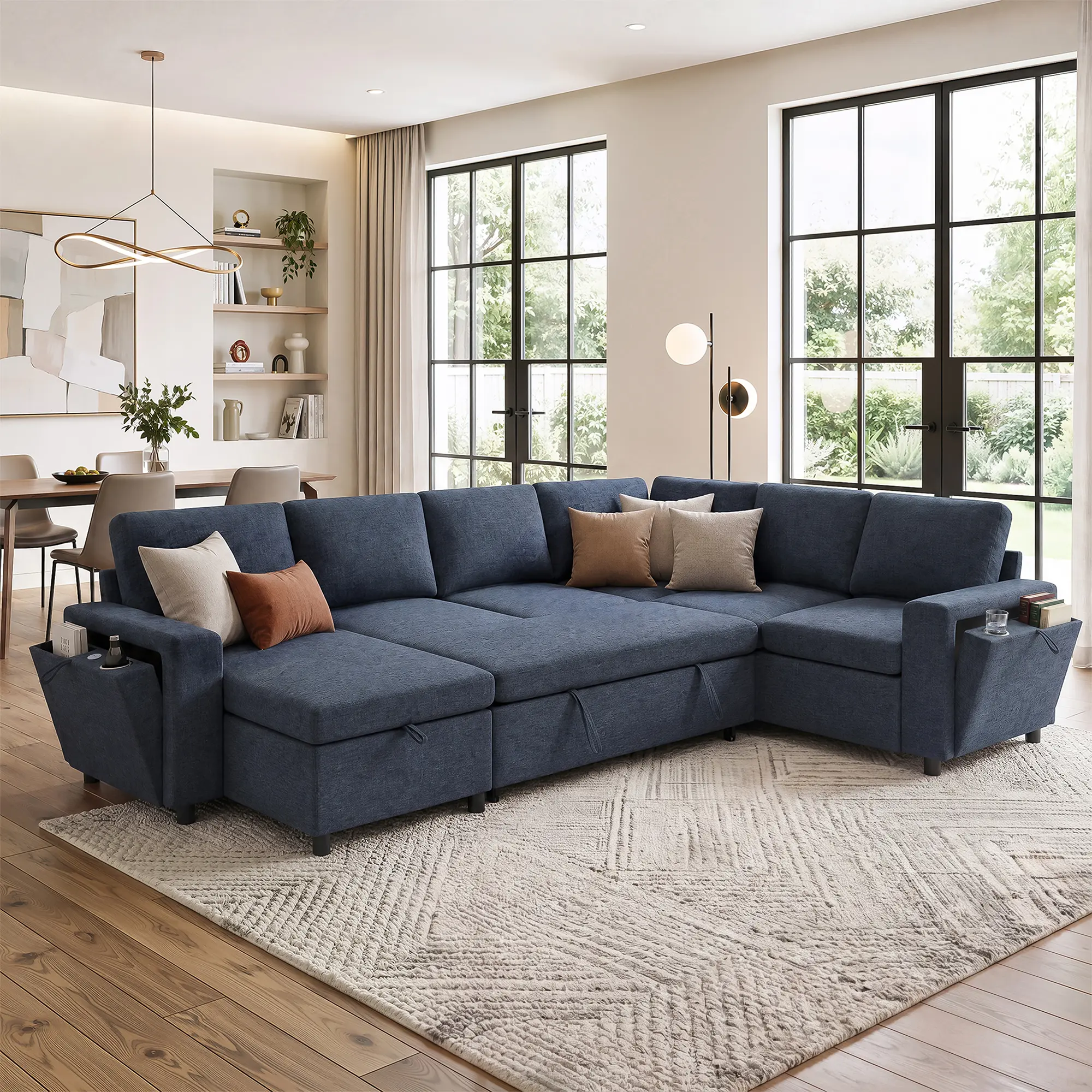 ARCH U-Shaped Convertible Sectional Sofa Bed with Storage, USB Charger & Cup Holders, Chenille Upholstered 7-Seat Sleeper Couch for Living Room, Blue, 111x86x35in, Foam Cushions, Solid Wood Frame, Blue Color Options, Chenille Material