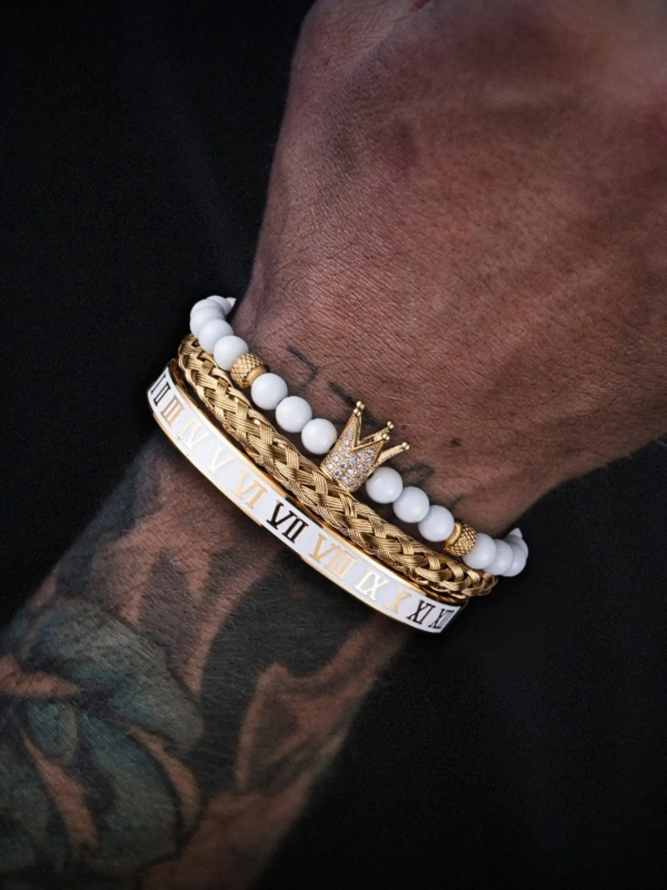 3pcs/set Beaded Crown Bracelet Set, Stainless Steel Resin Craft, Roman Numerals Bangle, Unisex Jewelry Accessory