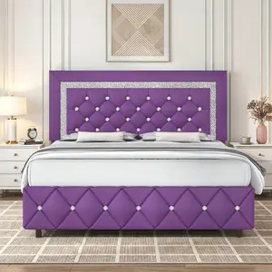 Twin/ Full/ Queen/ King Size Bed Frame, Upholstered Bed Frame With Diamond Headboard And  Pearl White/ Beige/ Black/ Grey/ Pink/ Purple/ Green