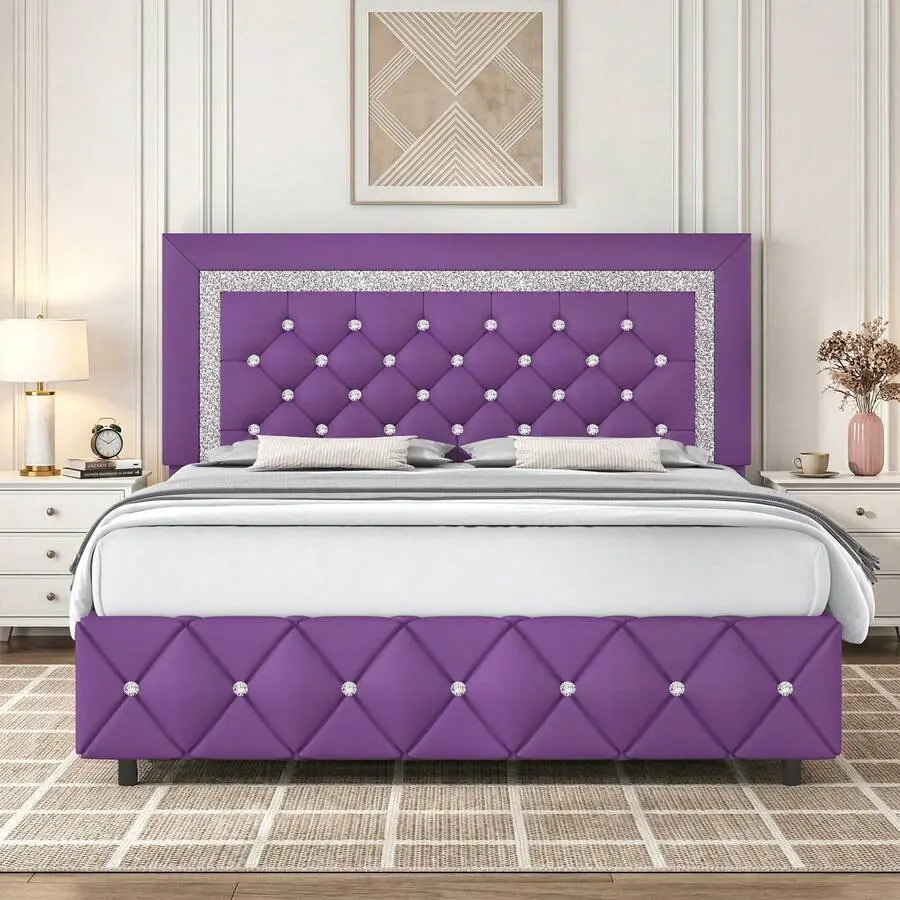Twin/ Full/ Queen/ King Size Bed Frame, Upholstered Bed Frame With Diamond Headboard And  Pearl White/ Beige/ Black/ Grey/ Pink/ Purple/ Green, Full Size Bed