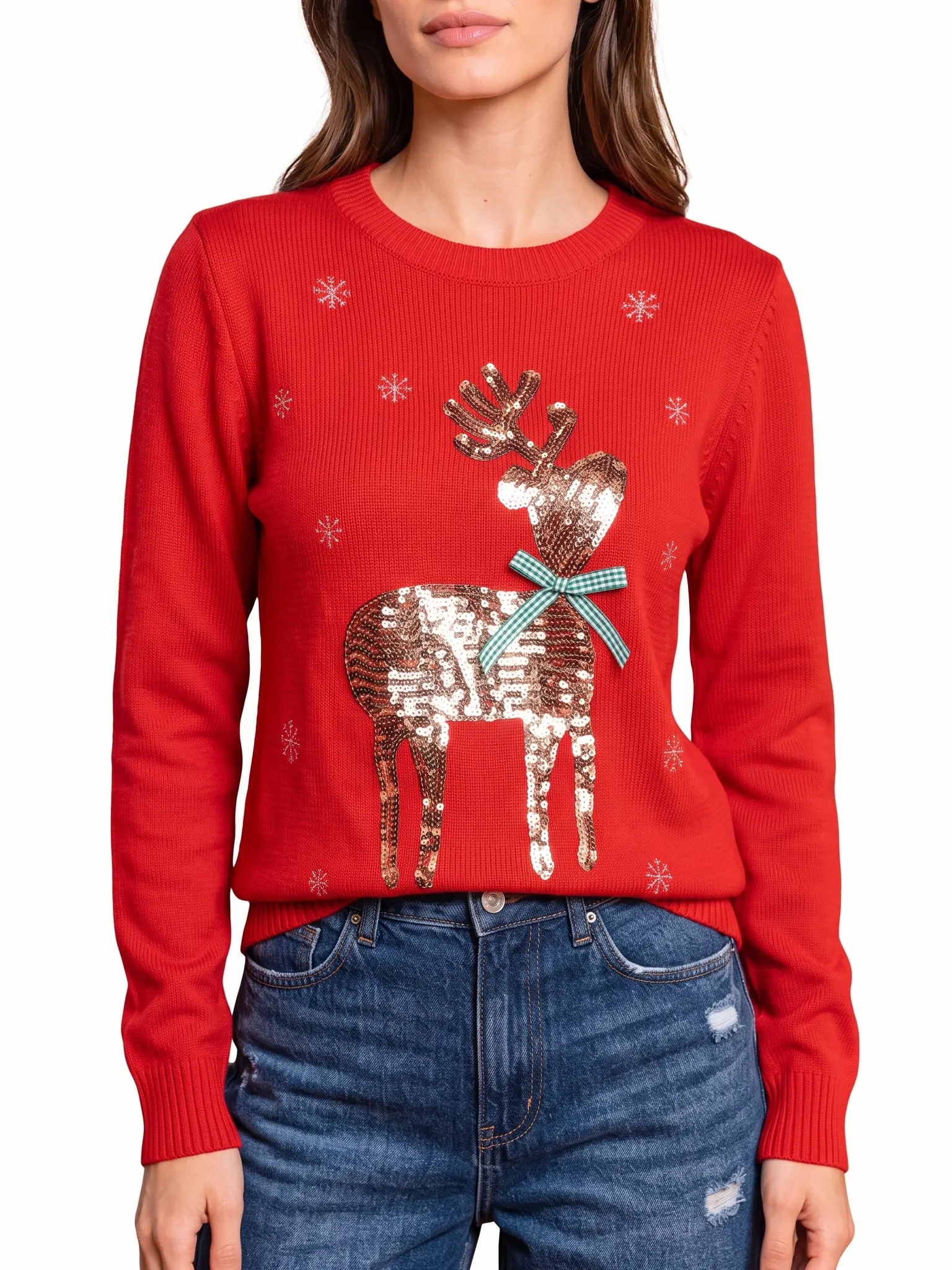 Women's Sequin Reindeer Knit Pullover for Christmas Parties and Holiday Wear
