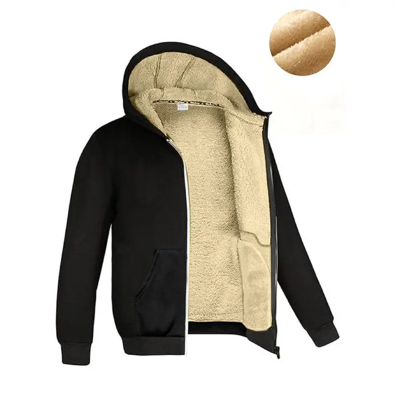 Men's Thick Sherpa Lined Jacket, Plain Full-Zip Hooded Coat, Soft Thermal Winter Outerwear with Elastic Cuffs and Pockets