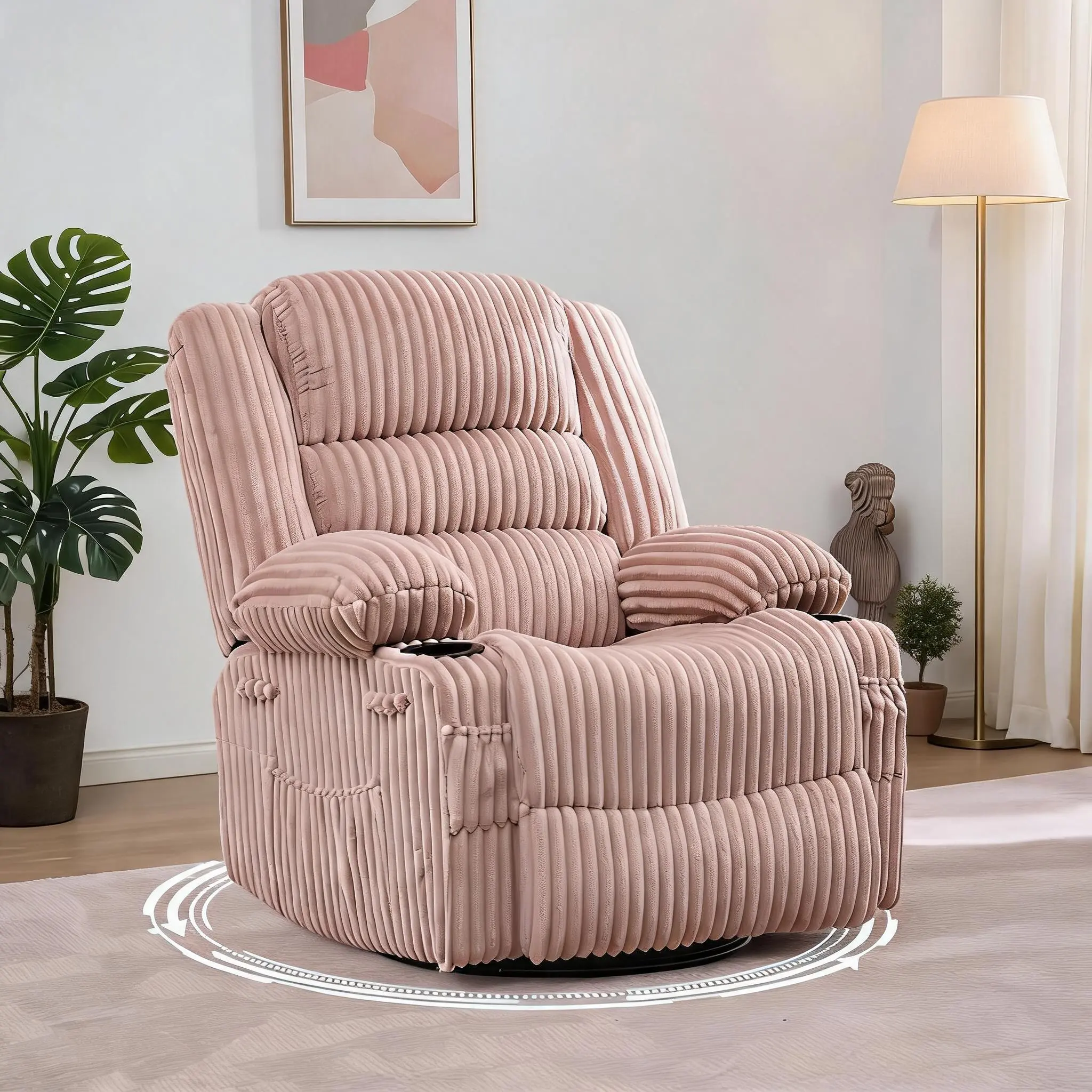 Corduroy Swivel Rocker Recliner Chair Extra Wide Manual Reclining Lounge Sofa with Cup Holder for Adults and Nursery 350lbs Weight Capacity
