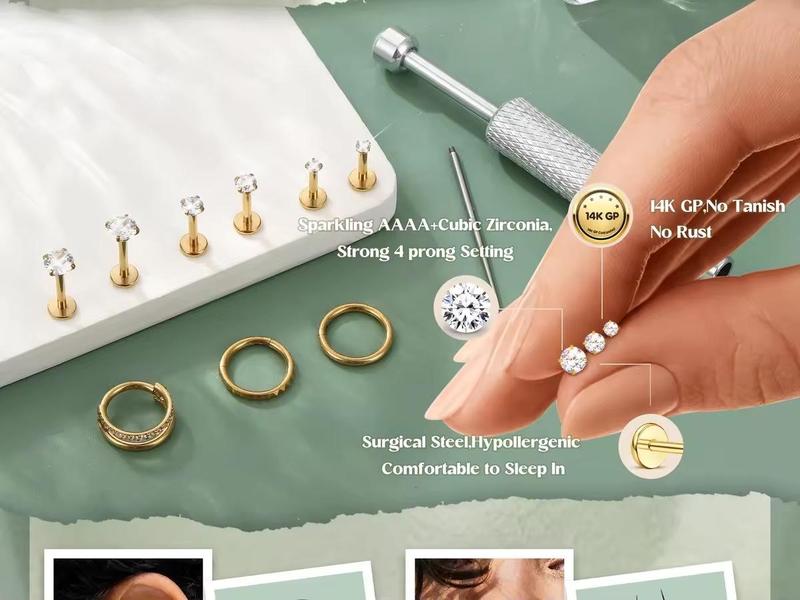 Viral 18G 16G Flat Back Earrings for Women with Piercing Ball Grabber Tool - 316L Surgical Steel Cartilage Hoop Earrings Stack, Internal Thread CZ Stud Piercing Jewelry for Tragus Helix Conch & Hypoallergenic Lip Nose Rings Hoops