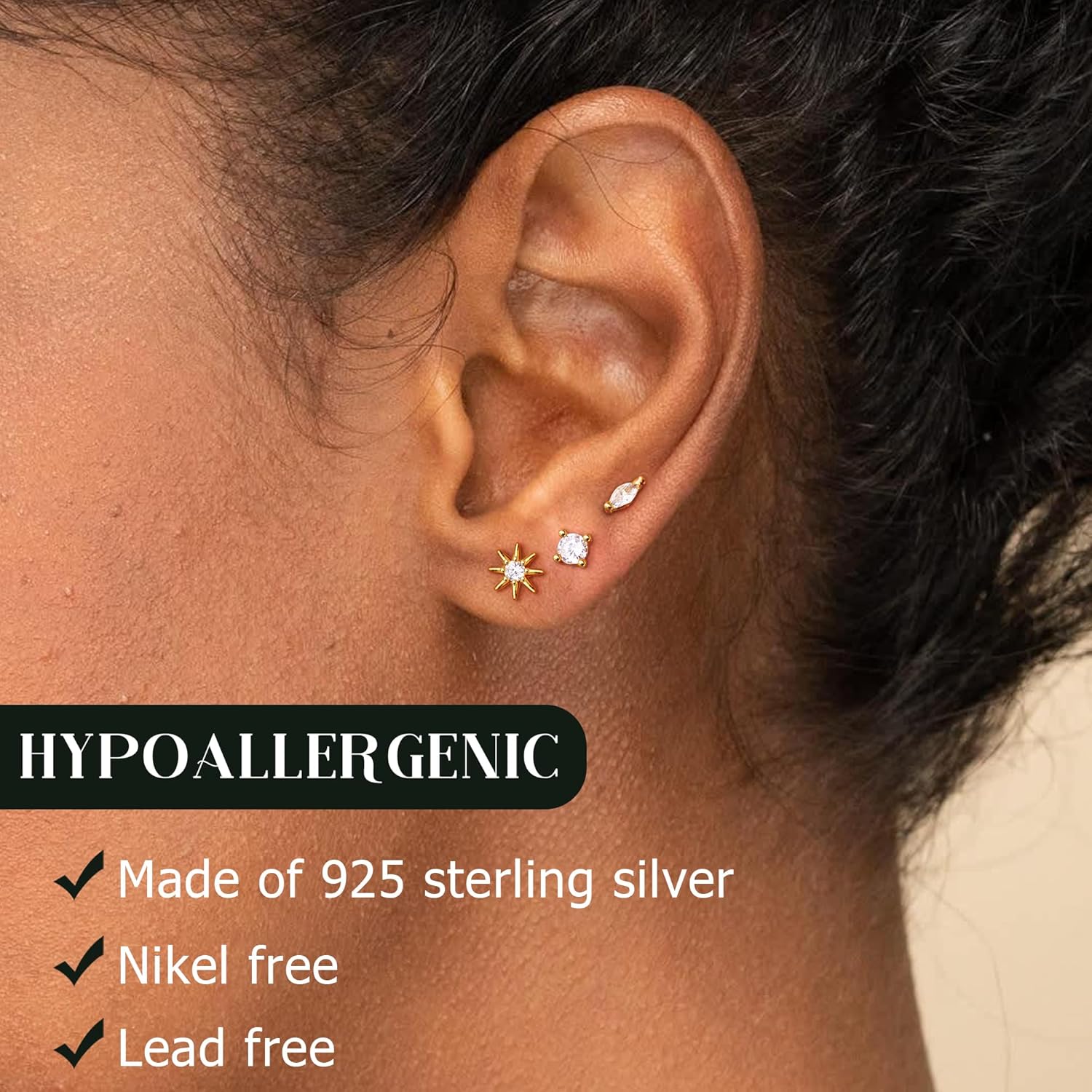 THE WELL KEPT 14K Gold Plated Solid 925 Sterling Silver Post Flat Back Earrings Stud|     Cartilage Helix Conch Tragus Piercing Jewelry 3 Pairs Tiny Screw Dainty CZ Opal Earring Set Men Women