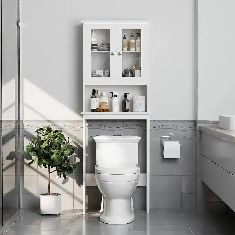 Over Toilet Storage Cabinet, Bathroom Shelf Organizer Over Toilet, Washing Machine Box, Space Saver with Adjustable Decorative Racks, WhiteXXJoyCart6XX16BowlBouquet