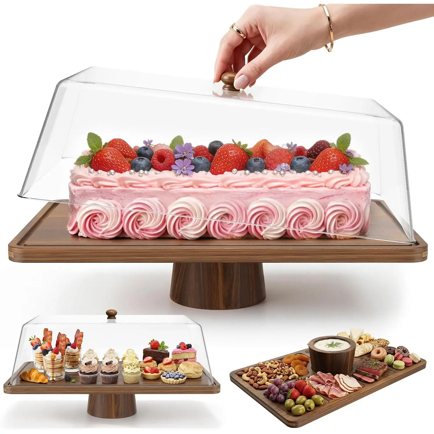 16" Rustic Acacia Wood 2-in-1 Rectangular Cake Stand - Reversible Baked Goods Dessert Display, Charcuterie Board with Natural Grain, Shatterproof Acrylic Square Lid & Cupcake Serving Tray