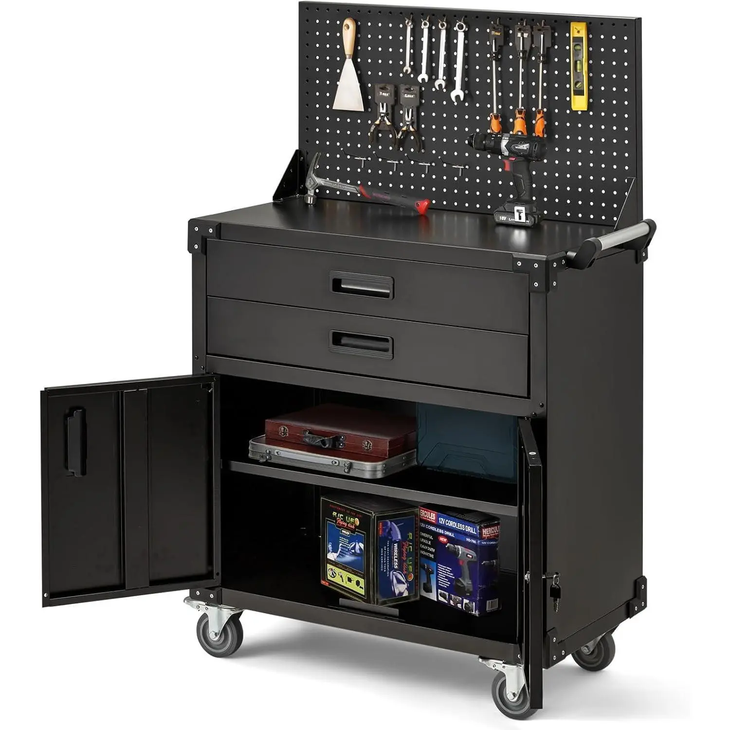 Heavy Duty Rolling Steel Mobile Tool Chest with Pegboard, 2 Drawers, Adjustable Shelves, Pull Handle, Lockable Wheels, Rust-Proof Industrial Grade Storage Organizer, Black Finish for Garage Users (in-Compatible)