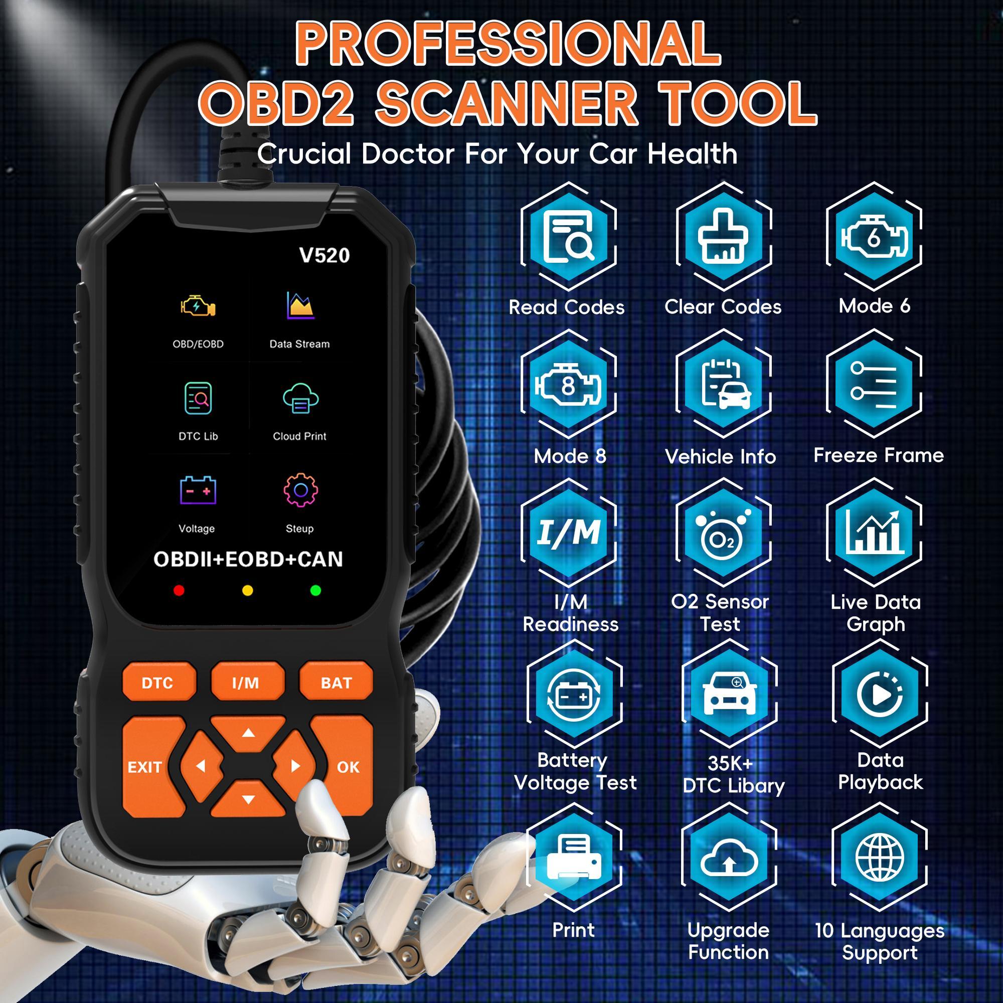 OBD2 Scanner Code Reader, Automotive Engine Fault Diagnostic Tool with Check Engine Light, Read & Erase Error Codes, Emission Monitor Status, Car Code Scanner