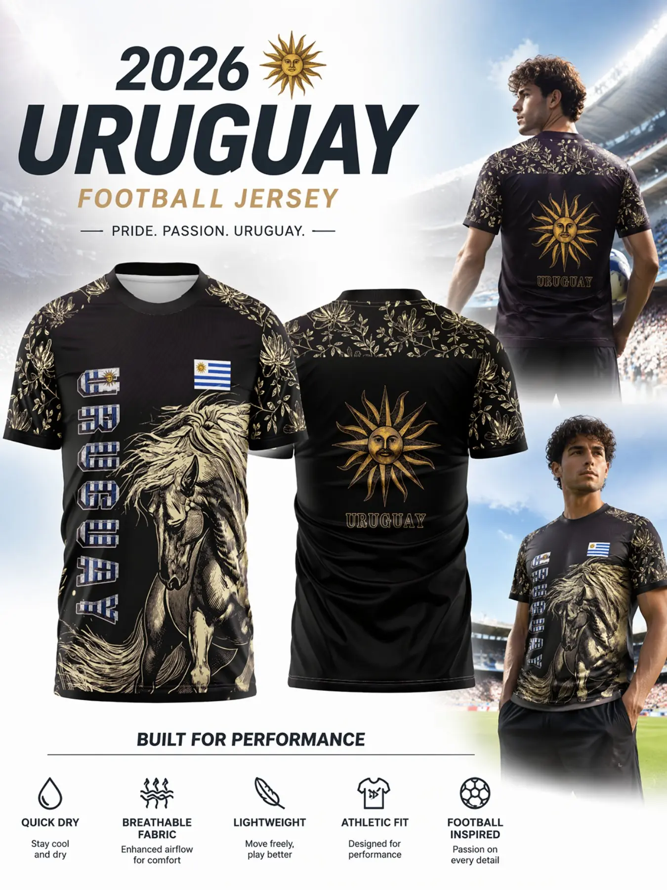 2026 Uruguay Soccer Jersey, Mesh Tropical Print, Quick-Dry Breathable Lightweight Sporty Fitted Tee, Ideal for Fans Training Matches