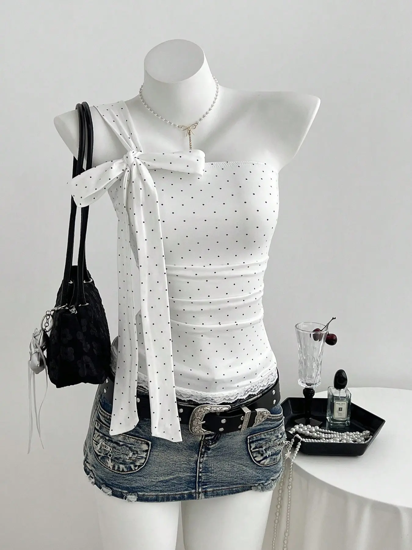Women's Polka Dot Tie Bow Bustier Top, Asymmetric Straps, Ruched Slim Fit, Lace Trim, Elegant and Stylish, Perfect for Special Occasions