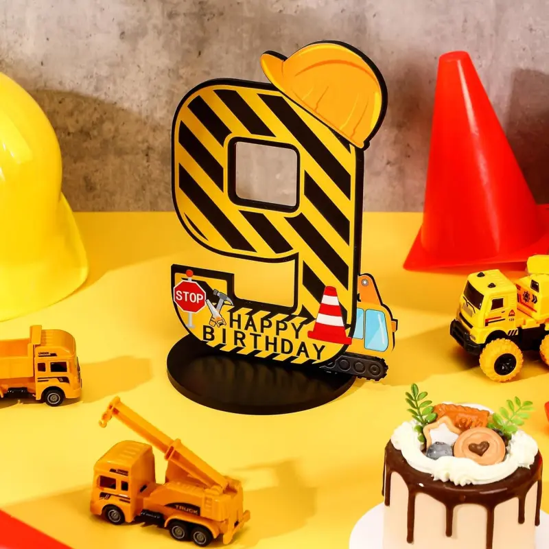 MiniInflat Construction 9th Birthday Number Sign Centerpiece Truck 9th Sign Construction Birthday Party Supplies Wooden Excavator Hat 9-Year-Old Boy Anniversary Number