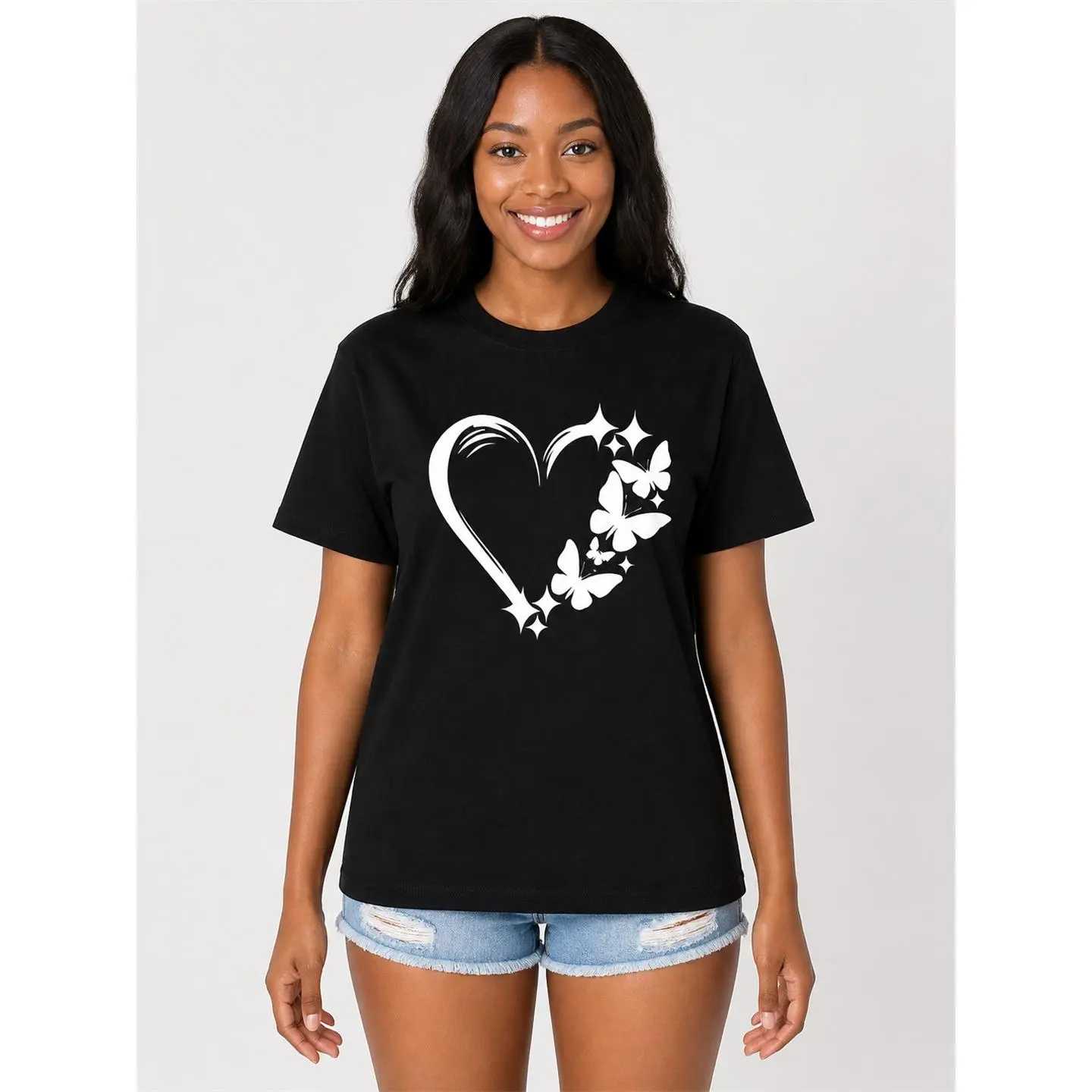 Women’s Cotton Blend Short Sleeve Crew Neck Top - Love Butterfly Heart Vibrant Print Tee, Classic Unisex Casual Spring Summer Gift for Her, Machine Washable, S-3XL