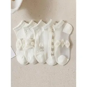 5 Pairs Women Floral Embroidery Contrast Mesh Ankle Socks |   Soft Breathable Elegant Casual Daily Socks