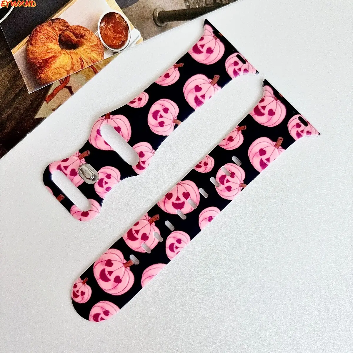 EYWXND Black Base Pink Jack‑O‑Lantern Silicone Watch Band, Cute Pink Heart Pumpkin Halloween Print Replacement Strap for Apple Watch 38mm 40mm 41mm 42mm 44mm 45mm 49mm 46mm, Soft Sport Wristband for Women Girls