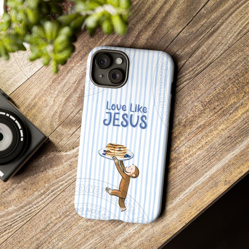 Curious George IPhone Case, Cartoon Monkey Phone Cover with Love Like Jesus Bible Verse and Pancake Design Phone Case Suitable for IPhone 17, 16, 15, 14, 13, 12, 11 Pro Max, X, XR, XS Max, 8, and 7 Plus