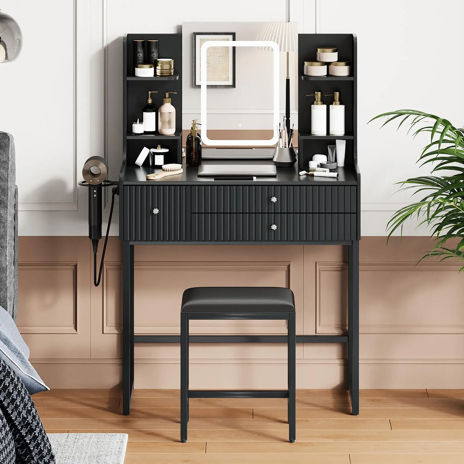 TikTok Made Me Buy It Modern Fluted Vanity Desk with LED Lighted Mirror, Textured Dressing Table with Built in Power Outlet Charging Station 3 Drawers, Aesthetic Bedroom Storage Furniture