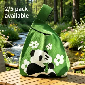 Cute Panda Knit Party Camping Gift Bags, Foldable Reusable Washable, School Birthday Beach Party Gifts, Student Office Daily Use Storage Bag