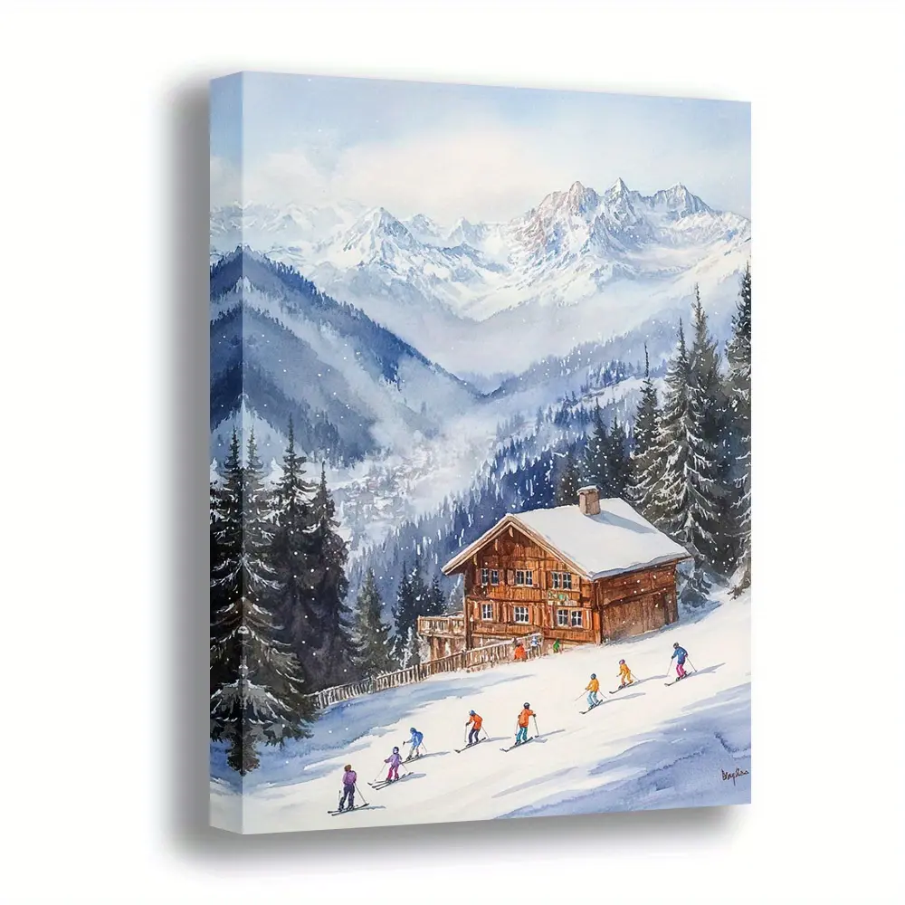 1pc Retro Minimalist Skiing Canvas Painting - High-Quality Printing, A Group Of People Skiing Under The Snow-Capped Mountains, Wooden Frame Design, Elegant Decoration For Home Offices And Living Rooms, Suitable For Modern Or Retro Interior Decoration Arti