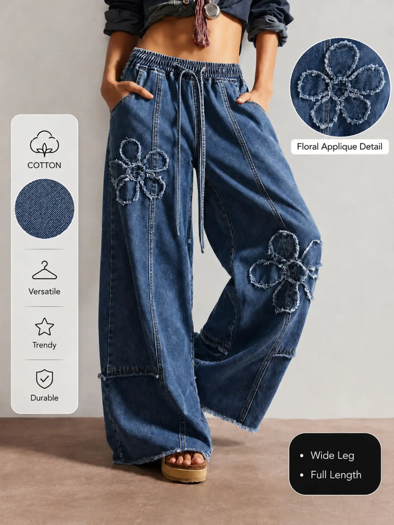 Low Rise Embroidered Floral Denim Jeans: Baggy Wide Leg Pants with Patchwork & Elastic Waist. Trendy Streetwear for Women, Slimming Summer Bottoms, Chic Casual Everyday Fashion, All Season