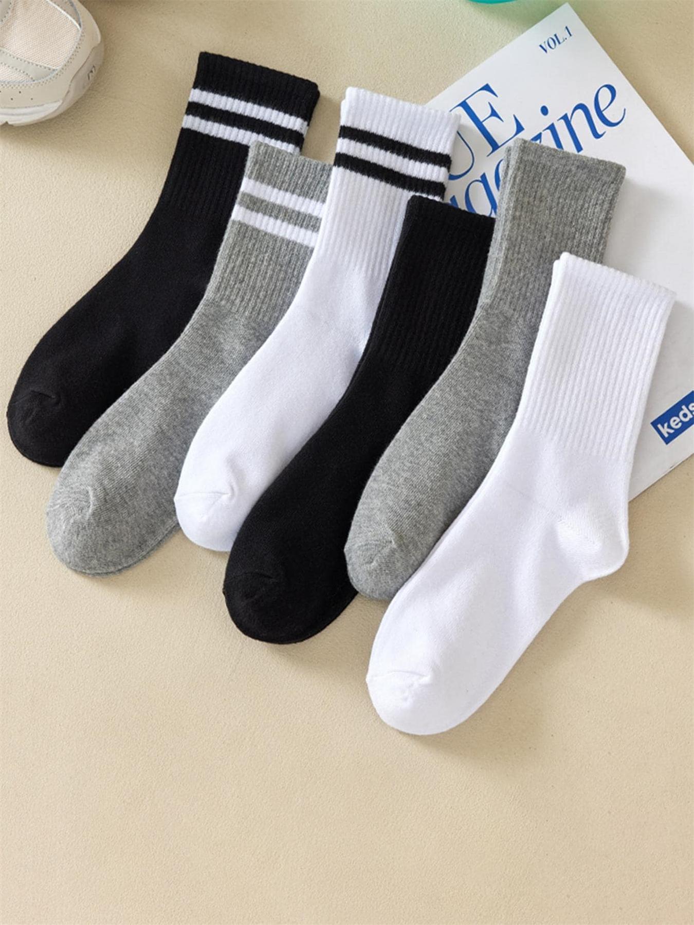 Striped Print Crew Socks, Mid-calf Socks, Athletic Running Socks, Multi-pack Mid Tube Socks, Basic Essential Knit Socks, Versatile Street Style Womenswear