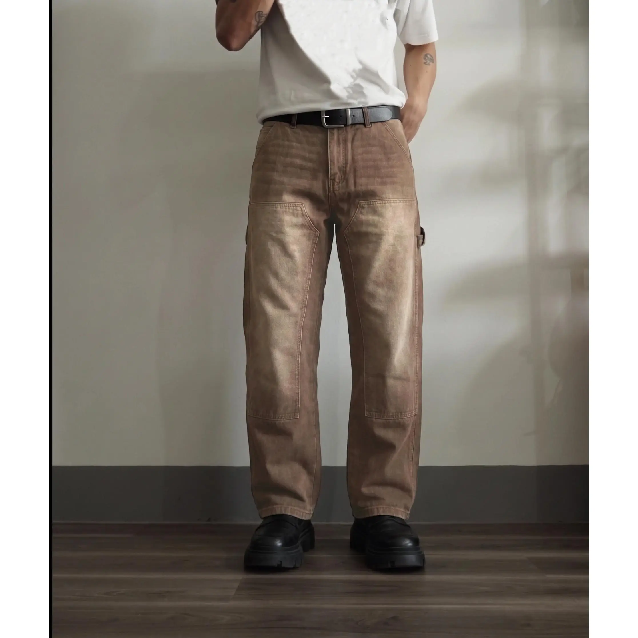 Men's Chocolate Brown Double-Knee Straight Leg Denim Pants - Earth Brown Mud Wash Cargo Jeans, Retro Y2K Streetwear Workwear Carpenter Trousers, Casual Loose-Fit Skater Bottoms
