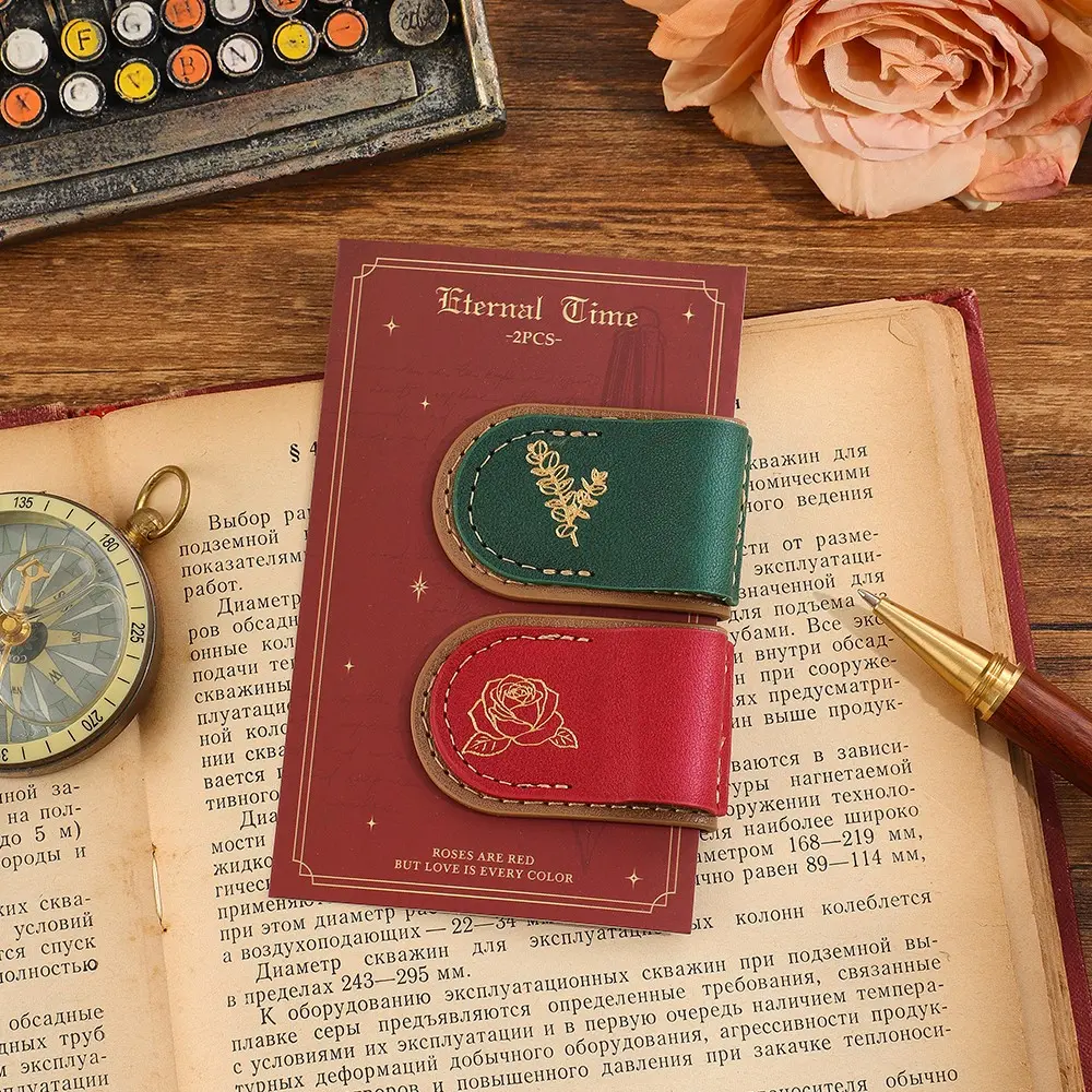 2 Vintage Magnetic PU Leather Bookmarks, Gold Foil Decorative Page Holders, Waterproof Durable Faux Leather Reading Markers, Office Planner Accessories