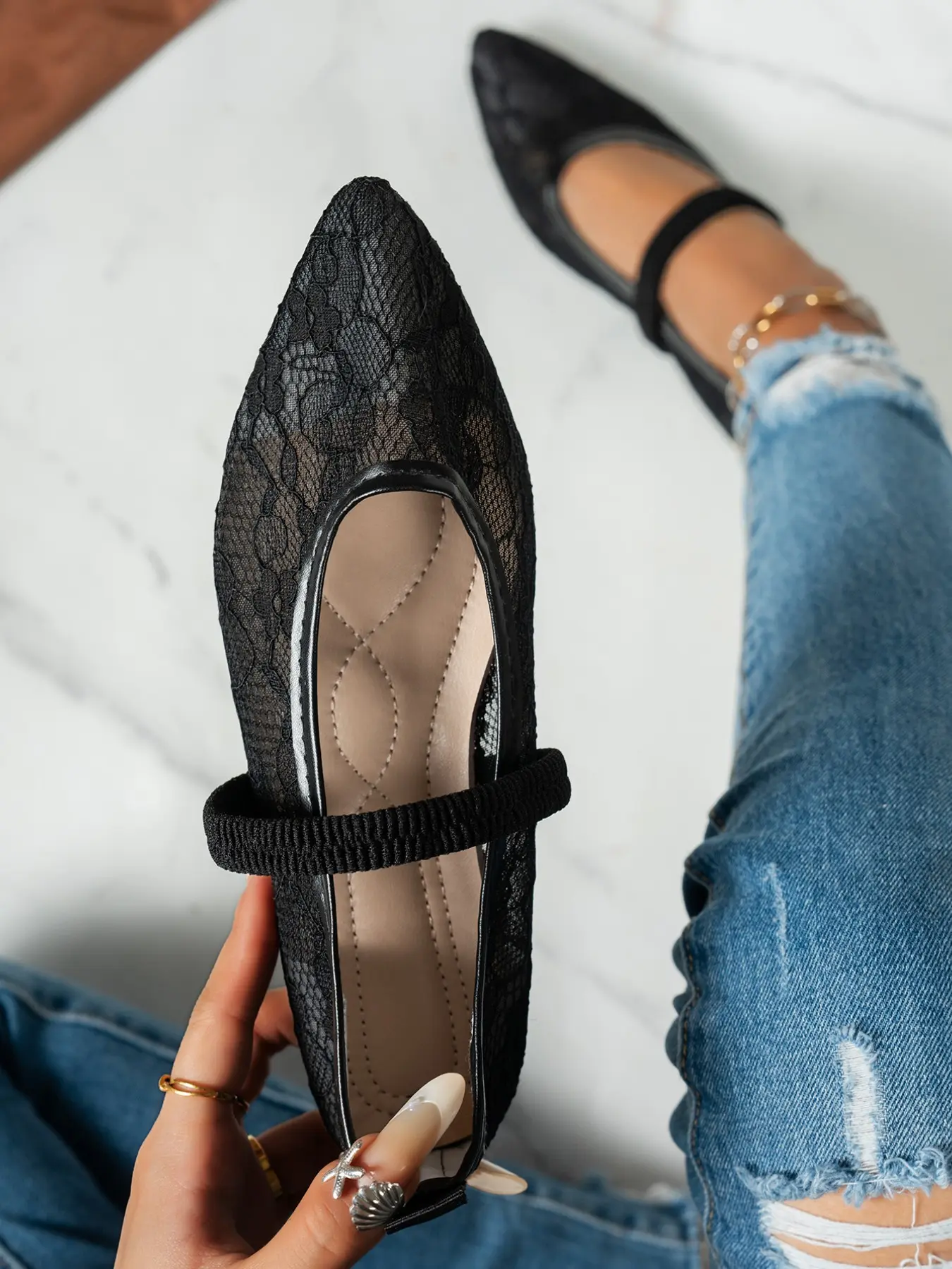 Women Pointed Toe 3D Floral Lace Flat Shoes, Breathable Mesh Slip On, Wedding Bridal Ballet Flats, Casual All Seasons Footwear, Summer Flats