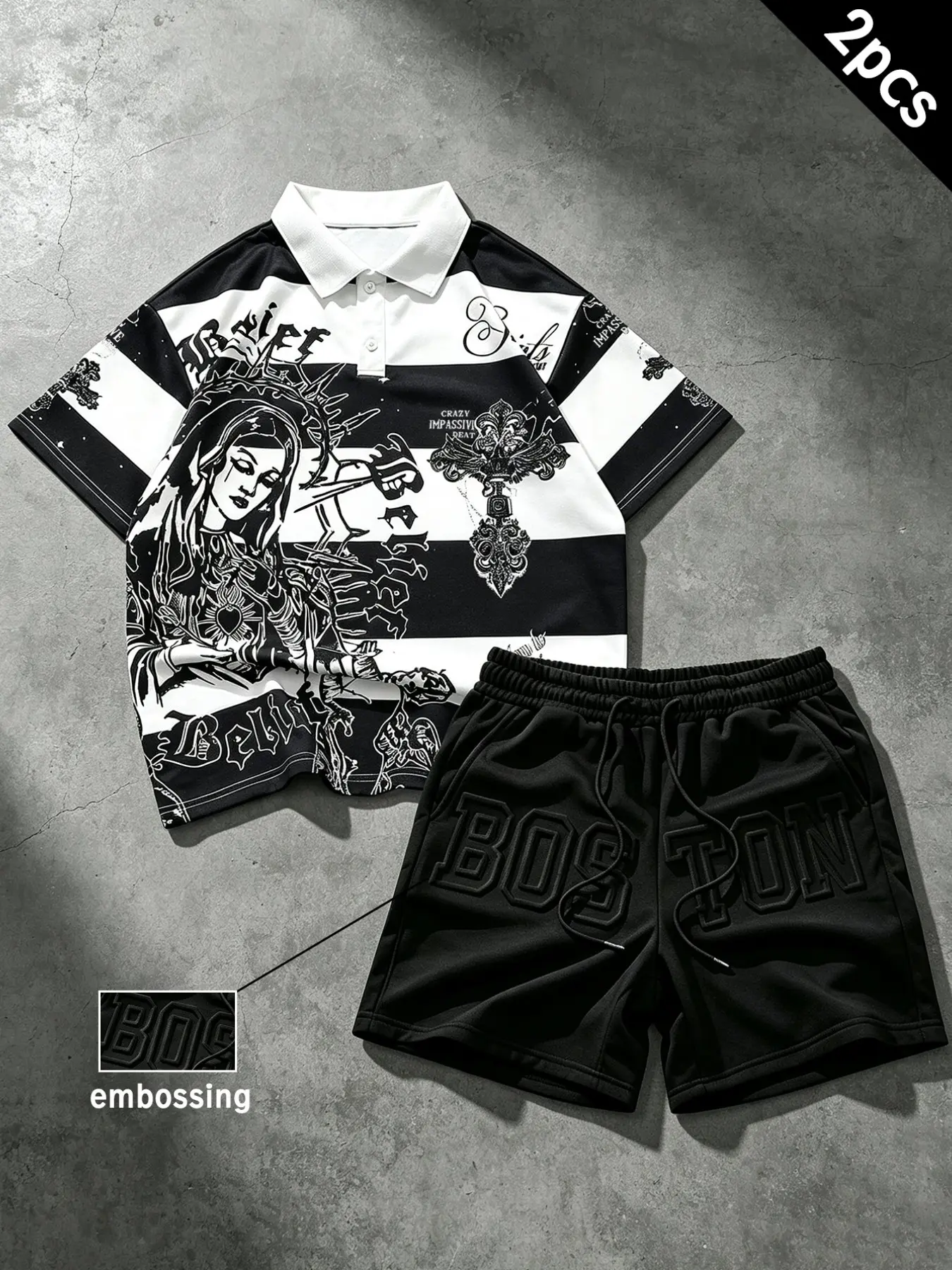 Men's Streetwear American Gothic Portrait Print Polo Set, Striped Design, Letter Print Pants, Comfortable and Fashionable, Summer