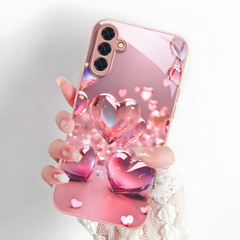 Fashionable, versatile, and durable women's pink heart-shaped glass phone case, suitable for Samsung Galaxy A14 A15 A16 A23 A25 A26 A32 A54 NOTE20 S20/S21/S22/S23/S24/S25 FE/Plus/Ultra
