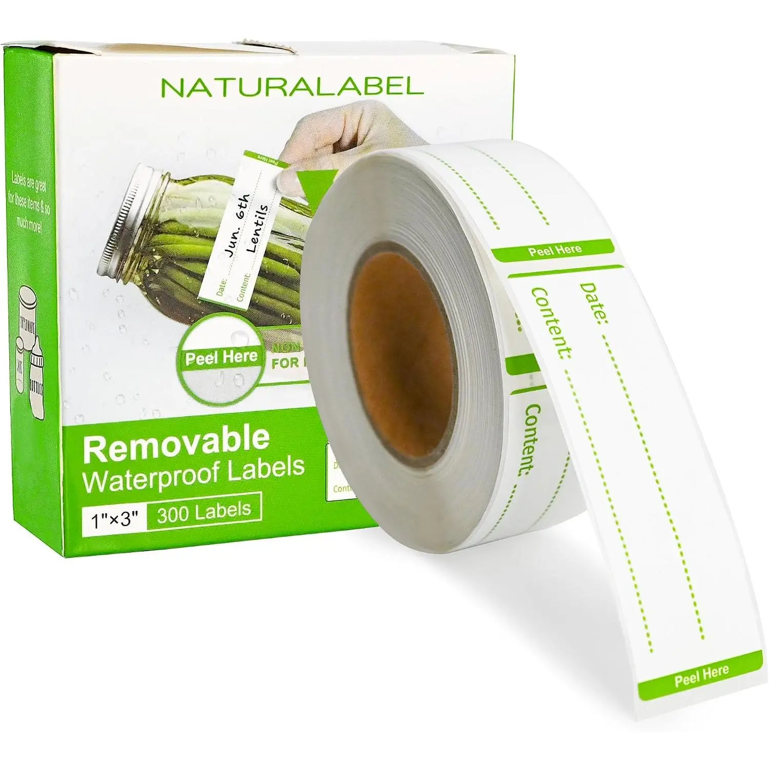 Removable Freezer Labels with Dispenser, 1" x 3", 1 Box (Green) | Writable, remove no ,  & oilproof, easy peel-off design, 300 labels per box, for meal prep containers