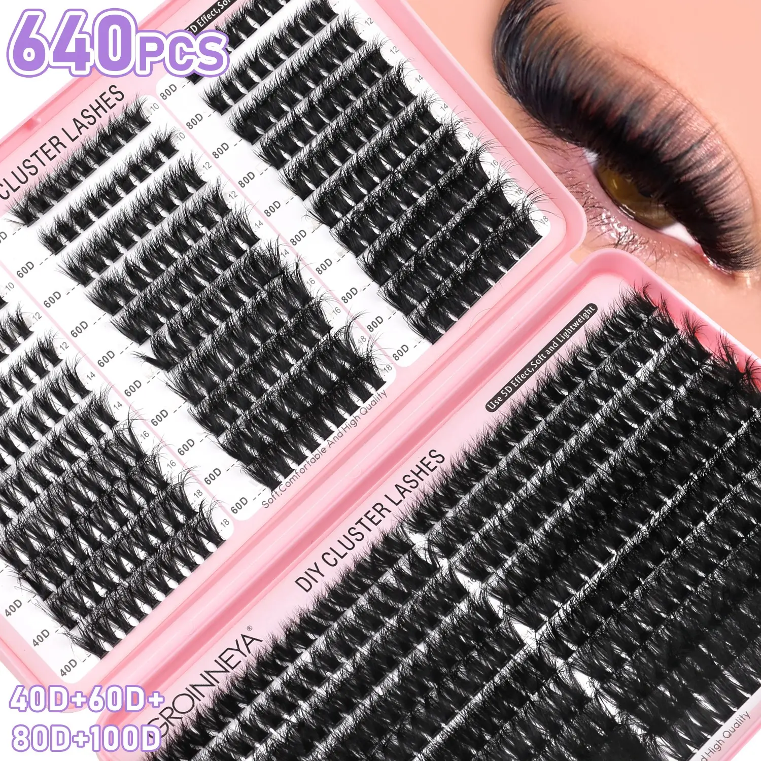 GROINNEYA 640PCS Mix Styles To DIY Lash Extension,Volume 5D Wispy Effect Cluster Lashes Large Capacity Thick Drama Individual Lashes,Tail Elongated Eyelashes,Suitable For Date And Party,Graduation Dress,Vacation Makeup,Lashes Lift