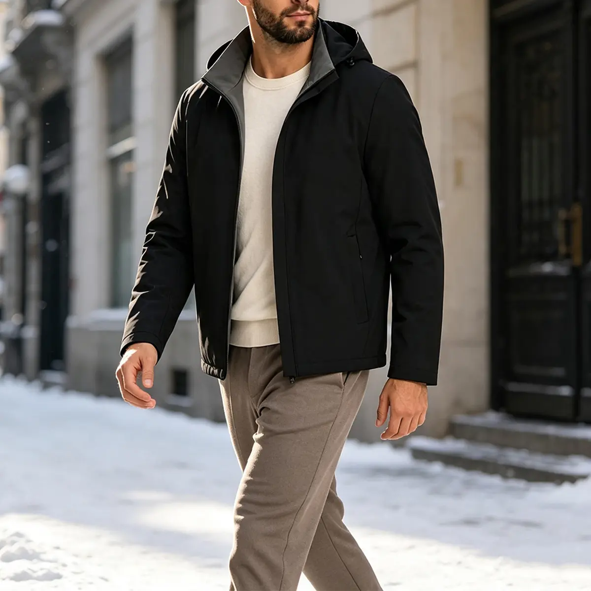 Men's Grey Hooded Windbreaker Jacket, Lightweight Full Zip Up Water Resistant Windproof Outerwear Coat with Adjustable Drawstring Hood and Side Zipper Pockets for Casual Outdoor Commute Travel Hiking Camping Fall Spring Daily Wear, Polyester
