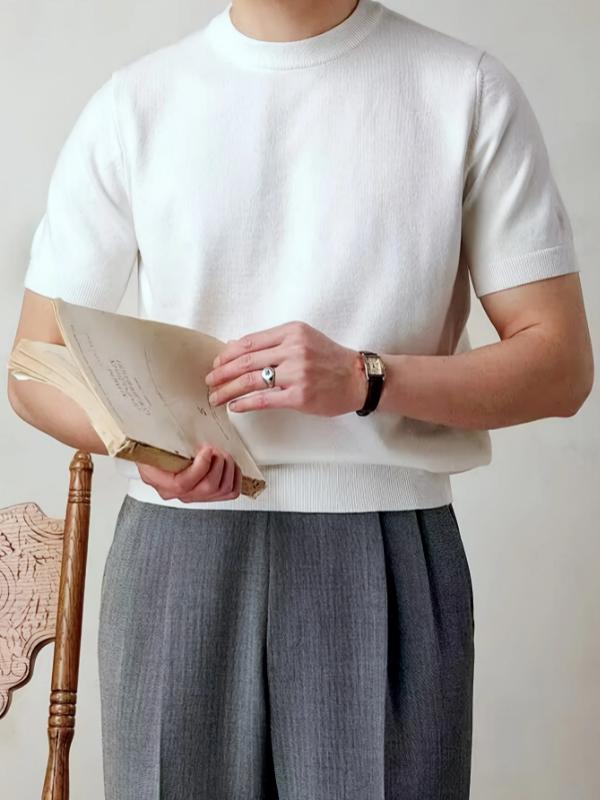 Kyn Apparel Men's summer solid-color round-neck short-sleeve knit shirt - Retro high-end home wear T-shirt Soft and comfortable breathable h