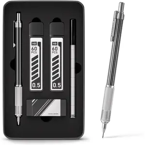 0.5mm Mechanical Pencil with Metal  Case, 1 count Metal Mechanical Pencil with 120 count HB Lead Refills,4B Erasers and 9 count Eraser Refills, for Writing Drafting Drawing and Sketching()