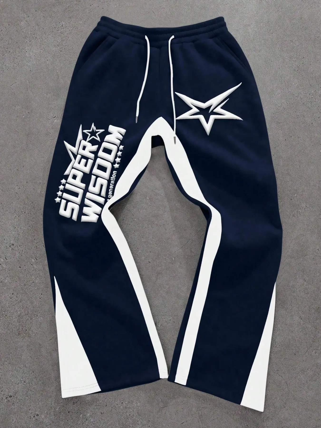 Men's Colorblock Wide Leg Adjustable Drawstring Sweatpants, 3D Foam Print, Super Wisdom Letter Hollow Star Pattern, Drawstring Waist, Pocketed, Casual Long Pants