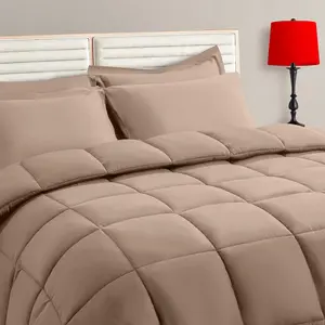 Beige Queen Size Comforter Set - 7 Pieces, Bed in a Bag Bedding Sets with All Season Soft Quilted Warm Reversible Comforter,Flat Sheet,Fitted Sheet,2 Pillow Shams,2 Pillowcases