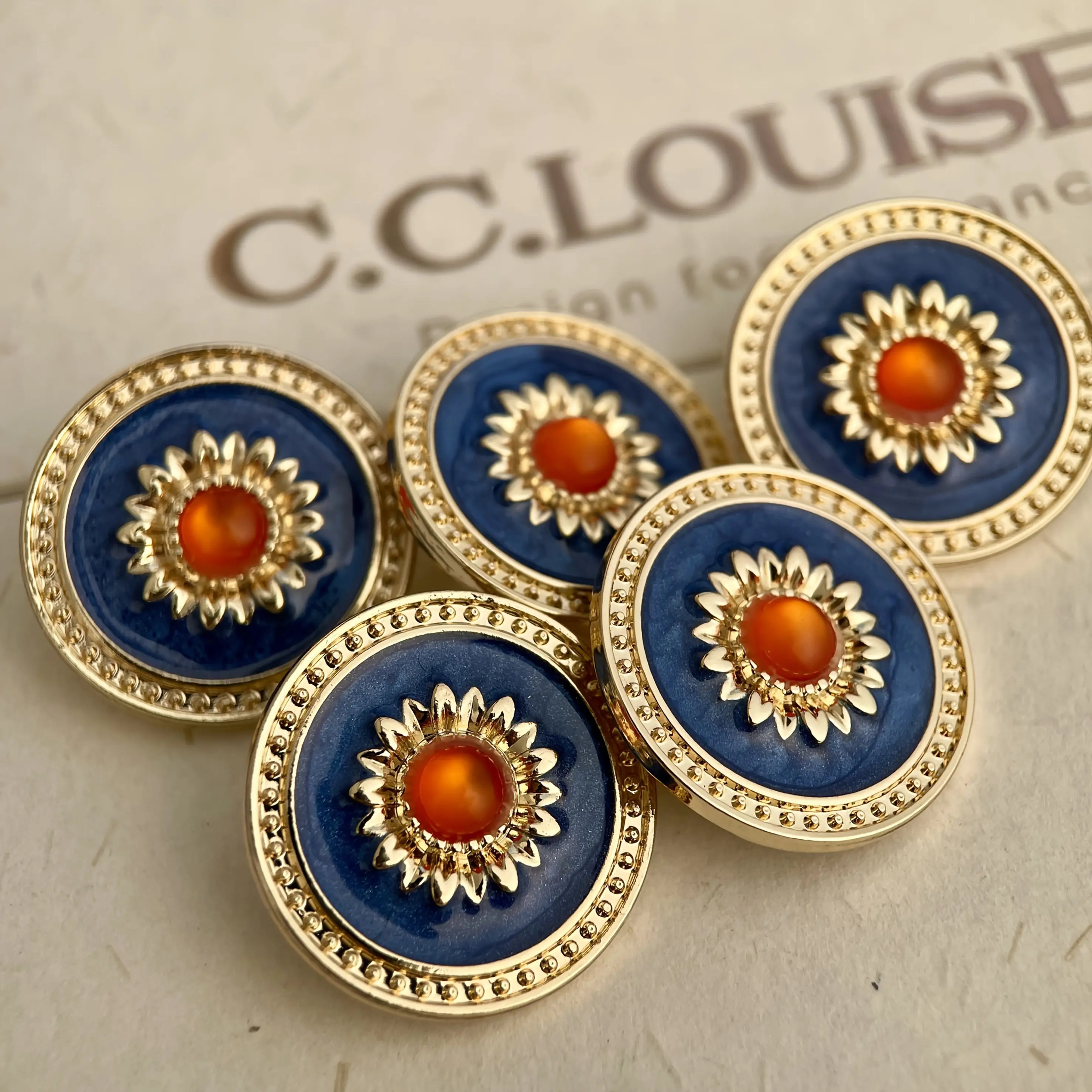 10pcs Vintage Greek-Inspired Sun Motif Enamel & Golden Metal Buttons - 20mm Large Decorative Buttons with Blue Greek Key Pattern, Durable Sewing Supplies for Clothing, Bags, Hair Accessories