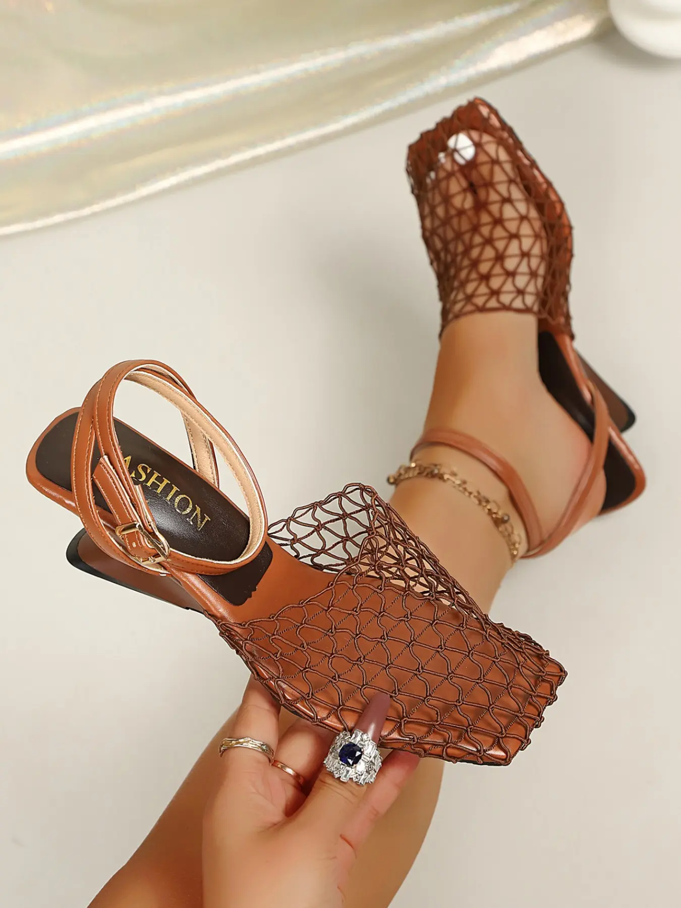 Women's Breathable Anti-Slip Fishnet Hollow Out Square Toe Wedge Sandals, Casual Chic Summer Footwear Summer Wedges Party Dance Shoes, High Wedge, Textile Upper Rubber Sole, Elegant Sandal