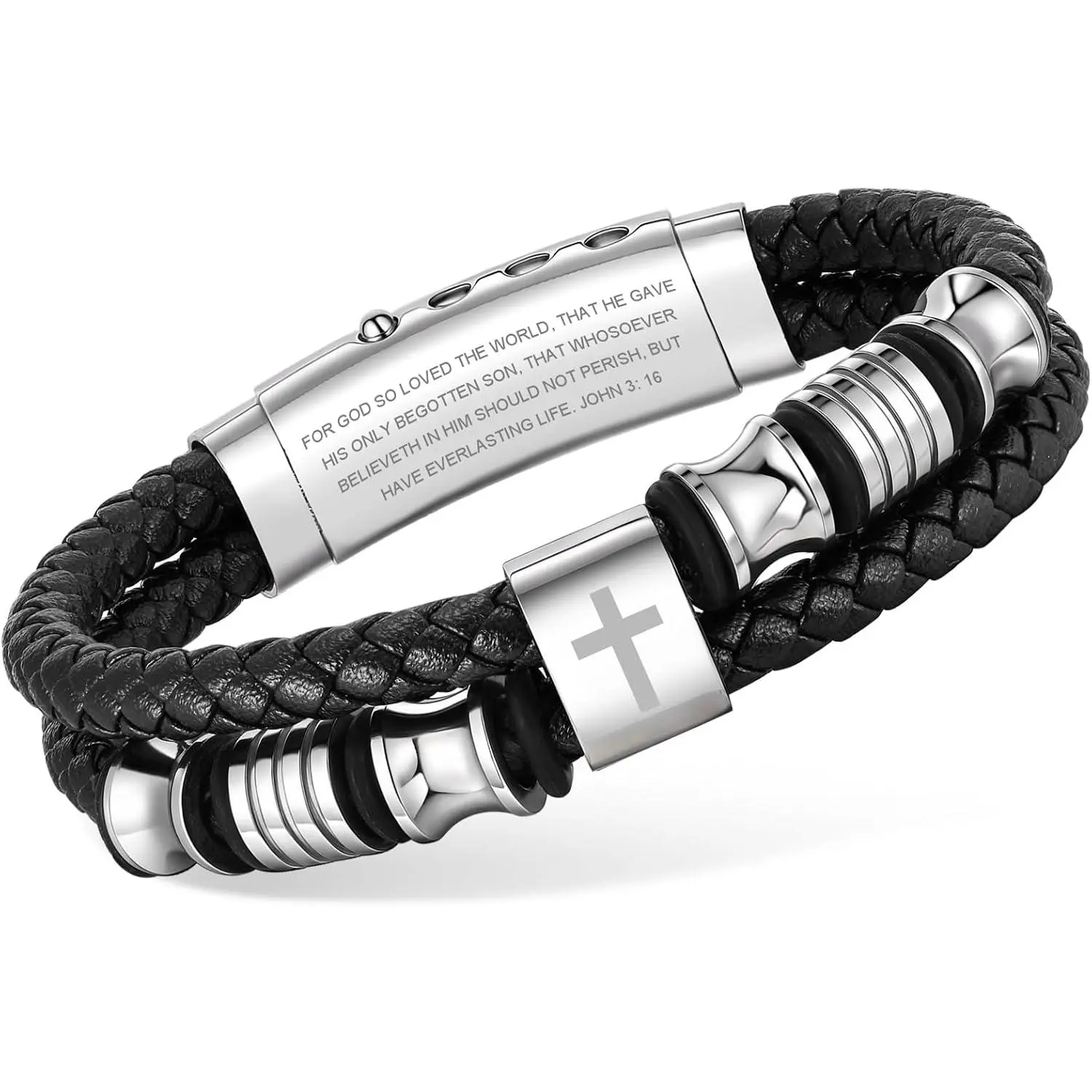 Christian  Leather Bracelet for Men - Double-Row Braided Leather Faith  Bracelets Bangle Religious Baptism Inspirational  Verse   for Men, Adjustable Wristband 7.5"-8.6"