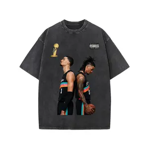 Retro Victor Wembanyama & Stephon Castle Spurs Back-to-Back Album Cover Championship Trophy Edition Vintage Washed Black T-Shirt, Unisex Oversized Heavyweight Cotton Streetwear Top, Ideal Gift for Spurs & Basketball Fans
