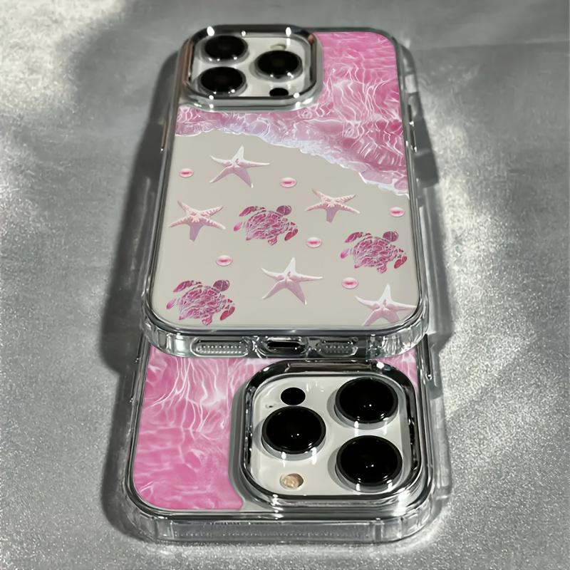 Phone case suitable for iPhone 17, 16 Pro Max, 15 Plus, 14, 13, 12 series. - Luxurious pink beach-themed phone case with transparent electroplated lens design